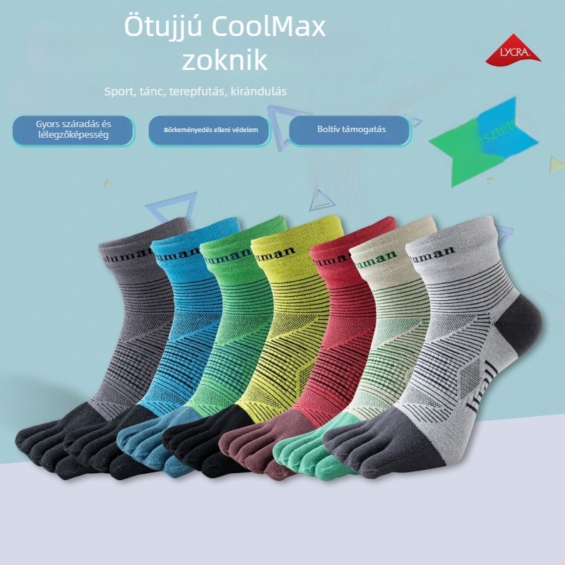 Ötujjú zokni középmagas vádliig, uniszex, nejlon, gyorsan száradó, csúszásmentes, súrlódás elleni