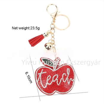 Kulcstartó alma alakú, gyémántokkal kirakott, cink ötvözet, gyümölcs motívum