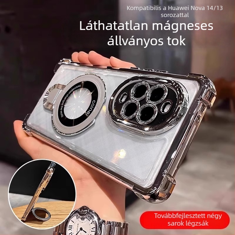 Huawei Nova 15-höz készült tok négy sarkot védő elektroplattált sarkokkal, ütésálló, beépített állvánnyal, lencsevédő fóliával, puha tok