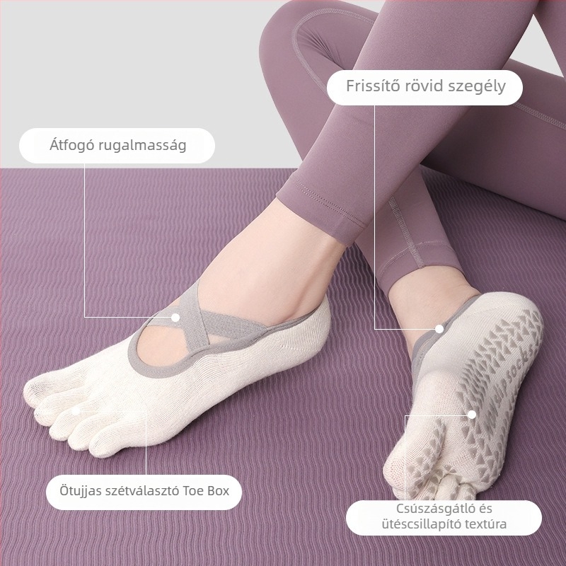 Női ötujjú jóga zokni, belső pilates zokni, pamut 80–90%, csúszásmentes, nedvszívó