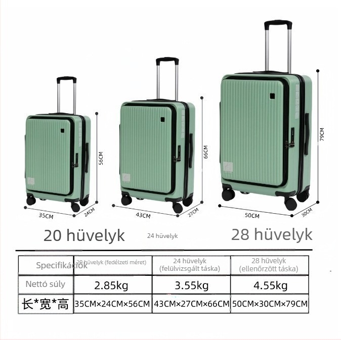 Elülső nyitású, többfunkciós poggyász USB-porttal, anti-theft zár, bővíthető, ABS merev héj, teleszkópos fogantyú