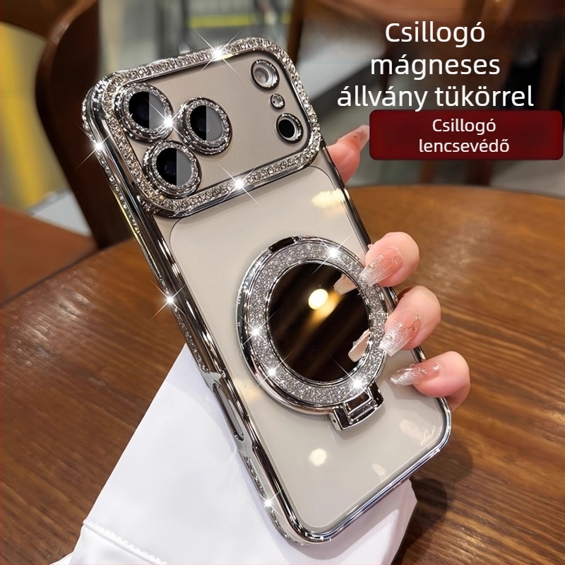 Szilikon tok iPhone 17 Pro Maxhoz, fényes tükrös, mágneses állvánnyal, gyémántos díszítéssel és luxus védelemmel