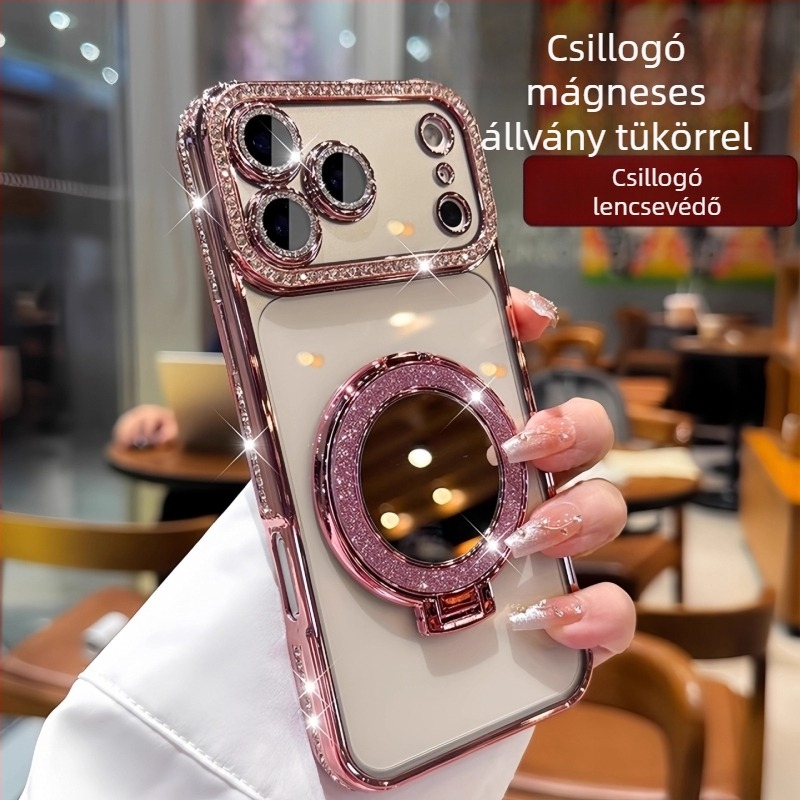 Szilikon tok iPhone 17 Pro Maxhoz, fényes tükrös, mágneses állvánnyal, gyémántos díszítéssel és luxus védelemmel