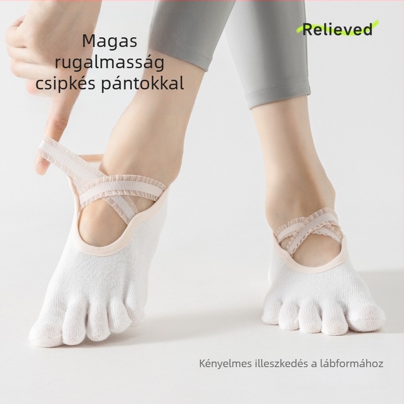 Női split-toe jóga zokni csipke pántokkal (Anyaga: pamut; Funkciók: csúszásmentes, nedvszívó, dezodoráló, anti-frikció; Mintázat: egyszínű; Kötés: egytűs; Tűk száma: 168)