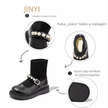 Lány Mary Jane cipő, fleece-betétes belsővel, hercegnő stílus, felső rész split bőrből, PU bélés és PU talp, gumitalp, nárt átívelő pánt, 7–12 éveseknek, 2025 őszi-téli kiadás