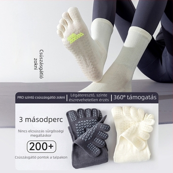 jóga zokni csúszásmentes szilikonnal, osztott ujjak ötujjas kialakítás, pamut, középmagas szár, beltéri edzéshez nőknek