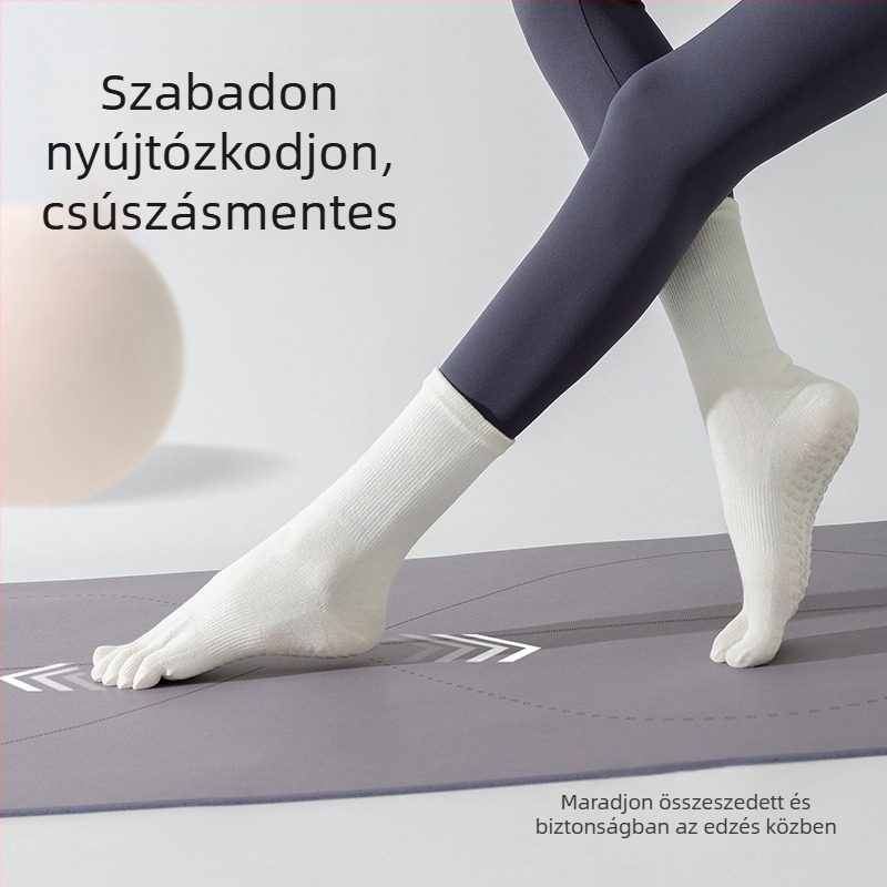 jóga zokni csúszásmentes szilikonnal, osztott ujjak ötujjas kialakítás, pamut, középmagas szár, beltéri edzéshez nőknek