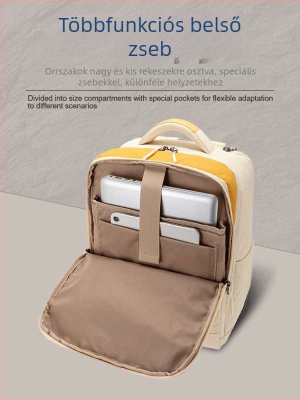 Kerekgurulós hátizsák teleszkópos fogantyúval kézipoggyászhoz, cipzáras zárás, bevonatos Oxford anyag, súly 1,88 kg, kézipoggyászként engedélyezett