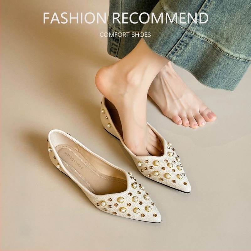 Női lapos cipő hegyes orral és kristálydíszítéssel, koreai stílus, alacsony talp, gumi talp, PU belső talp