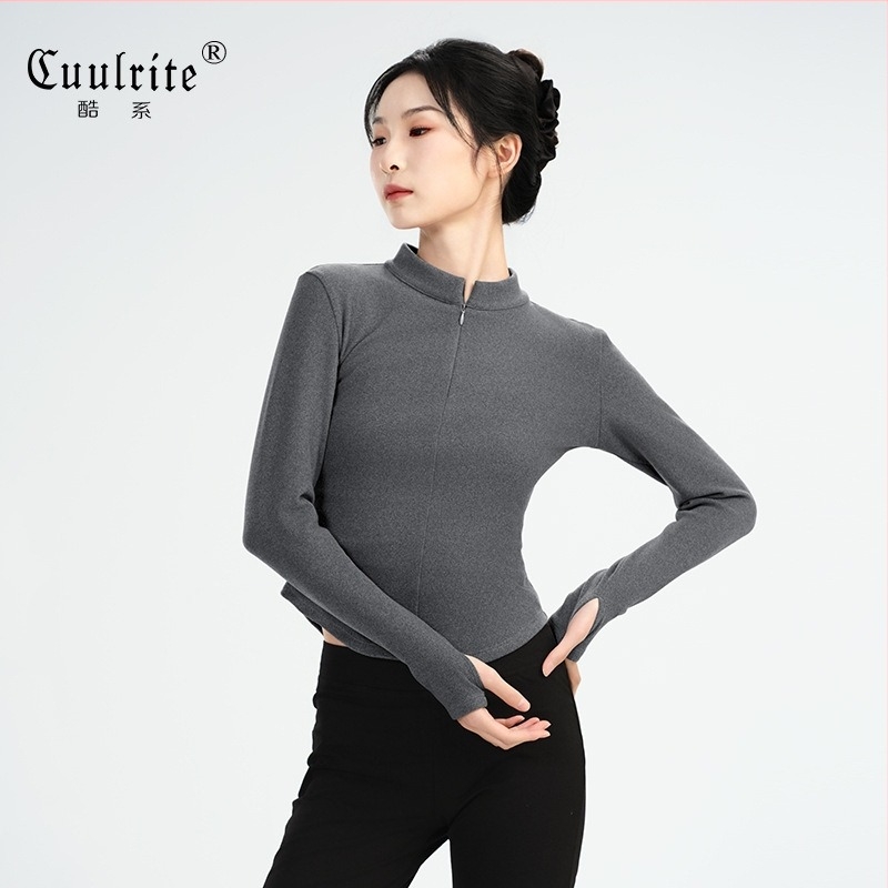 Női modern balett ruházat – hosszú ujjú, karcsú szabás, felső és alsó rész külön szett magas gallérral, Spandex/acetát anyag