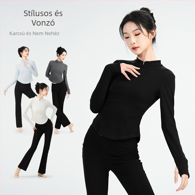 Női modern balett ruházat – hosszú ujjú, karcsú szabás, felső és alsó rész külön szett magas gallérral, Spandex/acetát anyag