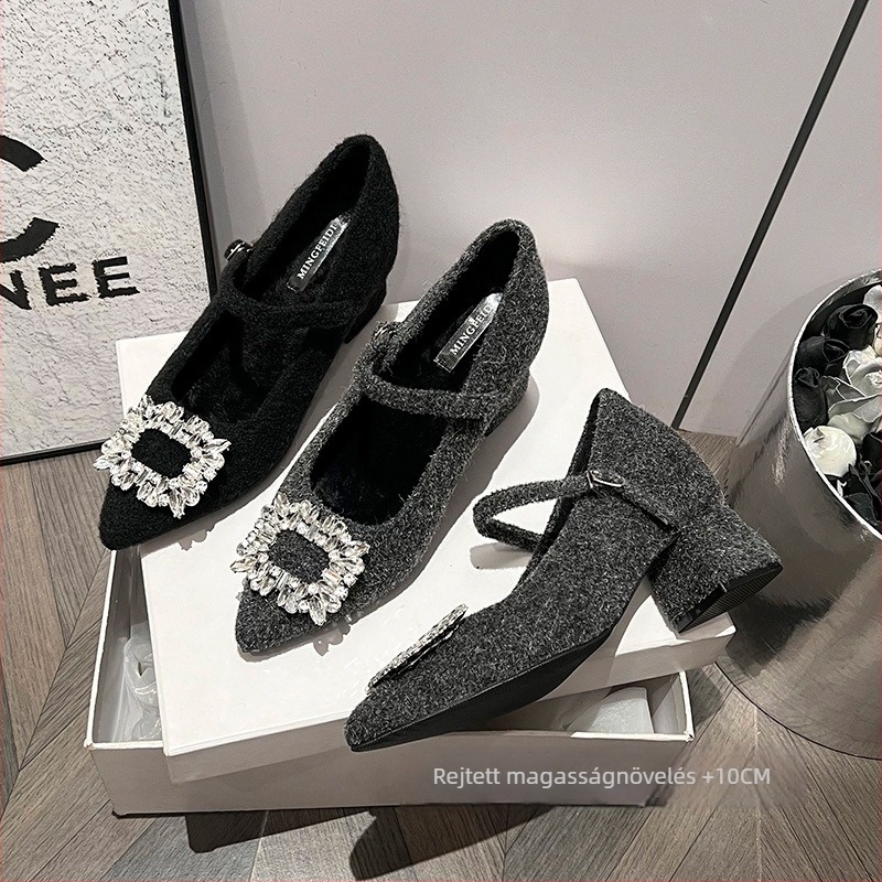 Női Mary Jane cipő, hegyes orrú, Ultra-Fiber felsőrész, sarokmagasság 8 cm felett, vastag sarkú