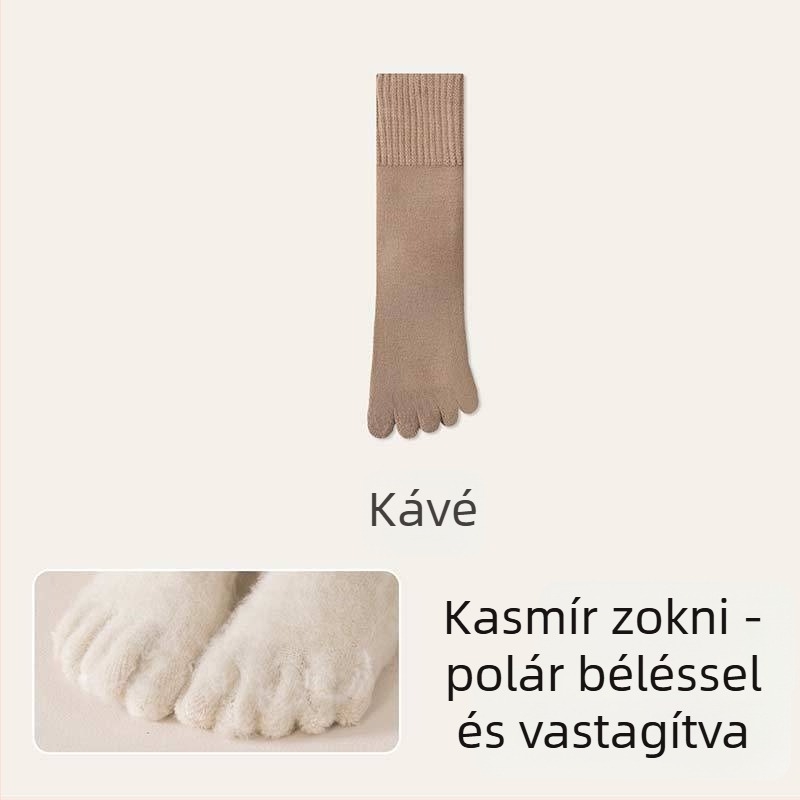 Női ötujjas vastag kasmír zokni, őszi-téli meleg középső vádliig érő, szétválasztott ujjak, önmelegítő, antibakteriális és dezodoráló, téli hosszú zokni