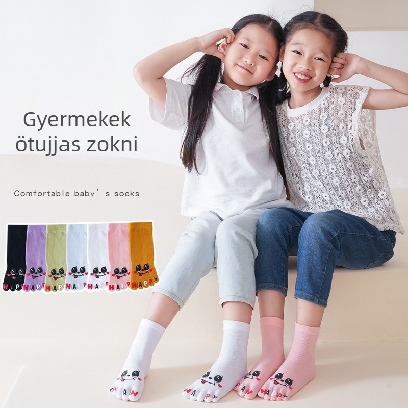 Gyerekeknek ötujjú zokni, pamut, cartoon minta, középmagasságú hossz, antibakteriális