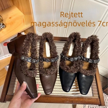 Strasszos Mary Jane cipők, négyszögletes orr, szőrös felsőrész, 6–8 cm rejtett sarok, téli bélés