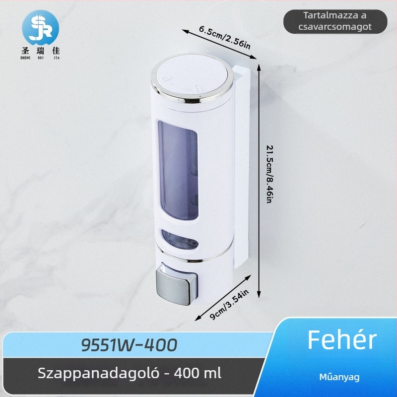 400 ml-es falra szerelhető szappanadagoló, egyfejű kézi nyomásos mechanizmussal, szállodai használatra