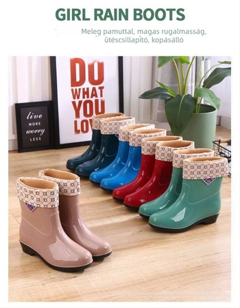 Női középmagas esőcsizma, vízálló, csúszásmentes és kopásálló talppal, PVC felsőrész, alacsony sarka 1-3 cm, munkahelyre, konyhába és autómosáshoz alkalmas