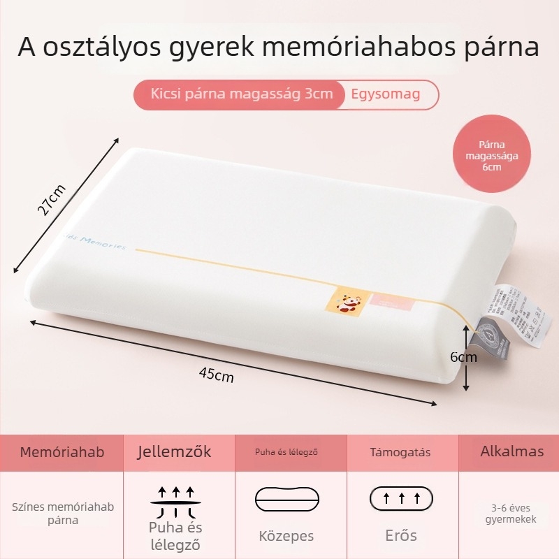 Memóriás pamut párna gyerekeknek 3–6 éveseknek, egész éves nyak-támasz, téglalap alakú, magasság 5–10 cm, poliészter huzat