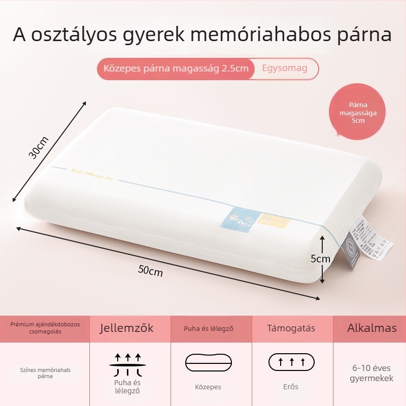 Memóriás pamut párna gyerekeknek 3–6 éveseknek, egész éves nyak-támasz, téglalap alakú, magasság 5–10 cm, poliészter huzat