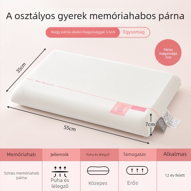 Memóriás pamut párna gyerekeknek 3–6 éveseknek, egész éves nyak-támasz, téglalap alakú, magasság 5–10 cm, poliészter huzat