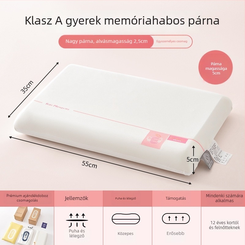 Memóriás pamut párna gyerekeknek 3–6 éveseknek, egész éves nyak-támasz, téglalap alakú, magasság 5–10 cm, poliészter huzat