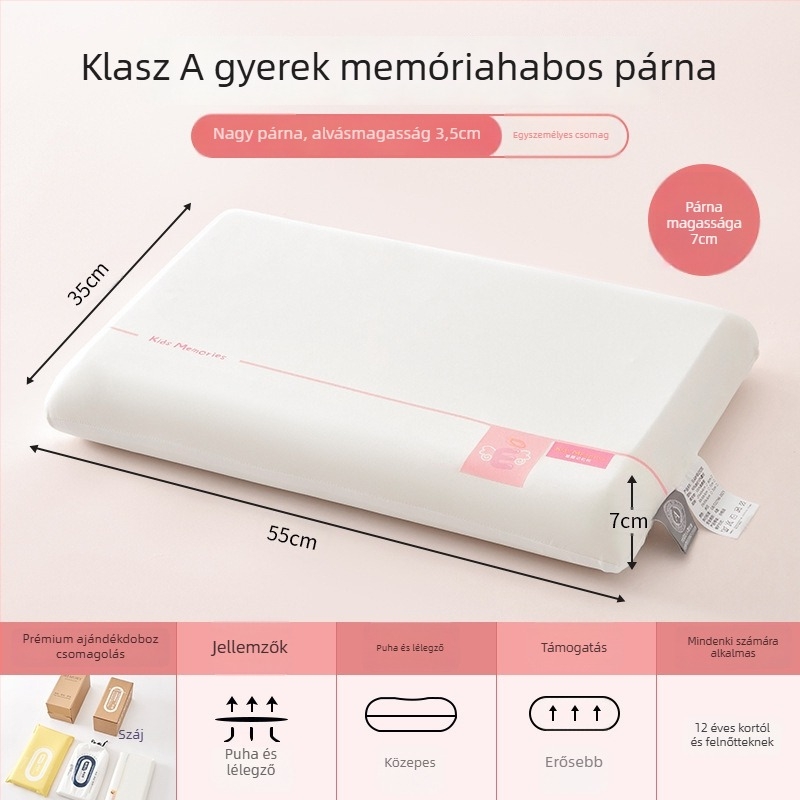 Memóriás pamut párna gyerekeknek 3–6 éveseknek, egész éves nyak-támasz, téglalap alakú, magasság 5–10 cm, poliészter huzat