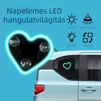 Autó belső dekoratív fény – napelemes szív alakú lámpa, szívókorongos rögzítés, hátsó belső tér, 0.5W, 5V