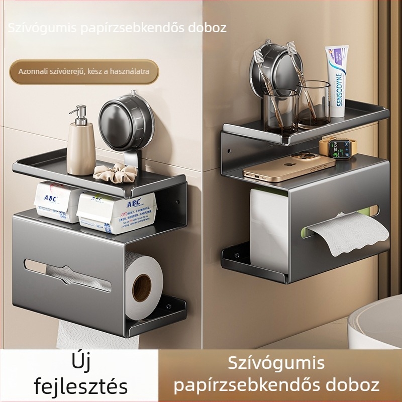 Fali tartó papírtörlőhöz szívócsésével, fúrás nélkül — 304 rozsdamentes acél, elektroplatált felület, modell ZQ Paper Box