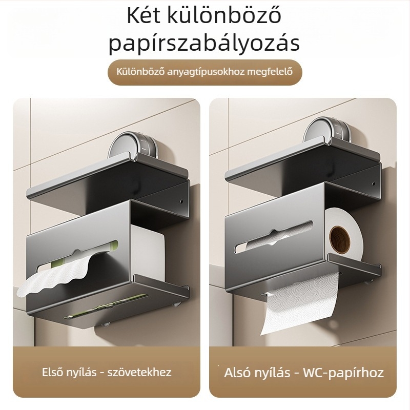 Fali tartó papírtörlőhöz szívócsésével, fúrás nélkül — 304 rozsdamentes acél, elektroplatált felület, modell ZQ Paper Box
