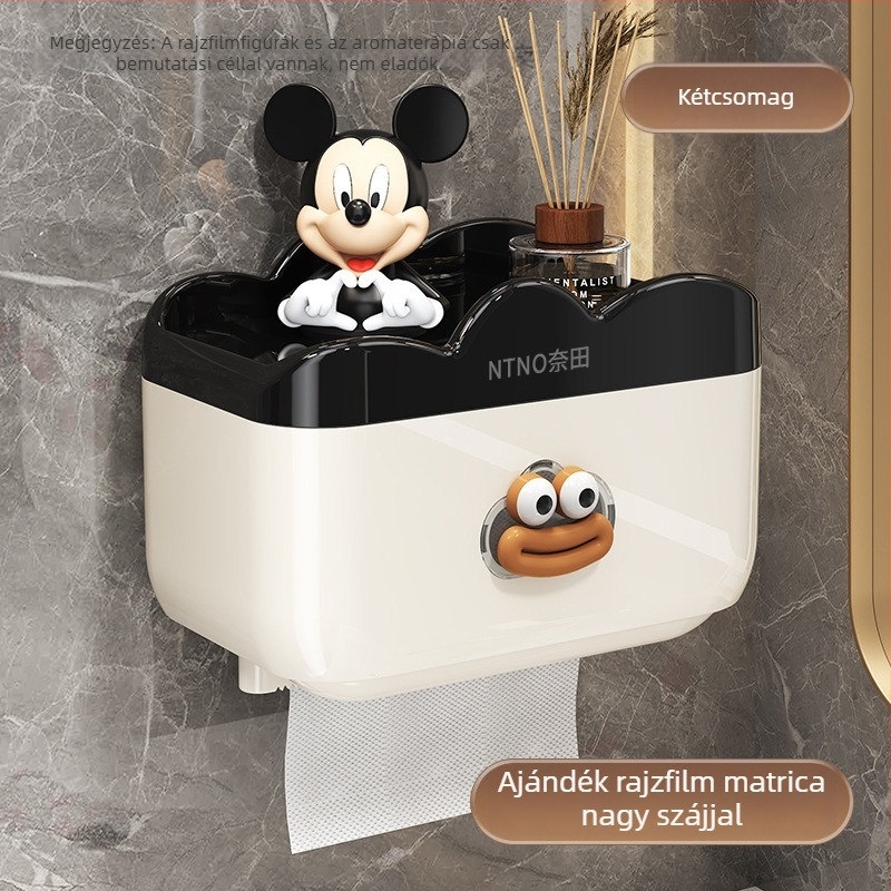 Fali WC-papírtartó és papírzsebkendő tartó, vízálló műanyagból, spray felülettel, rajzfilmszerű stílus