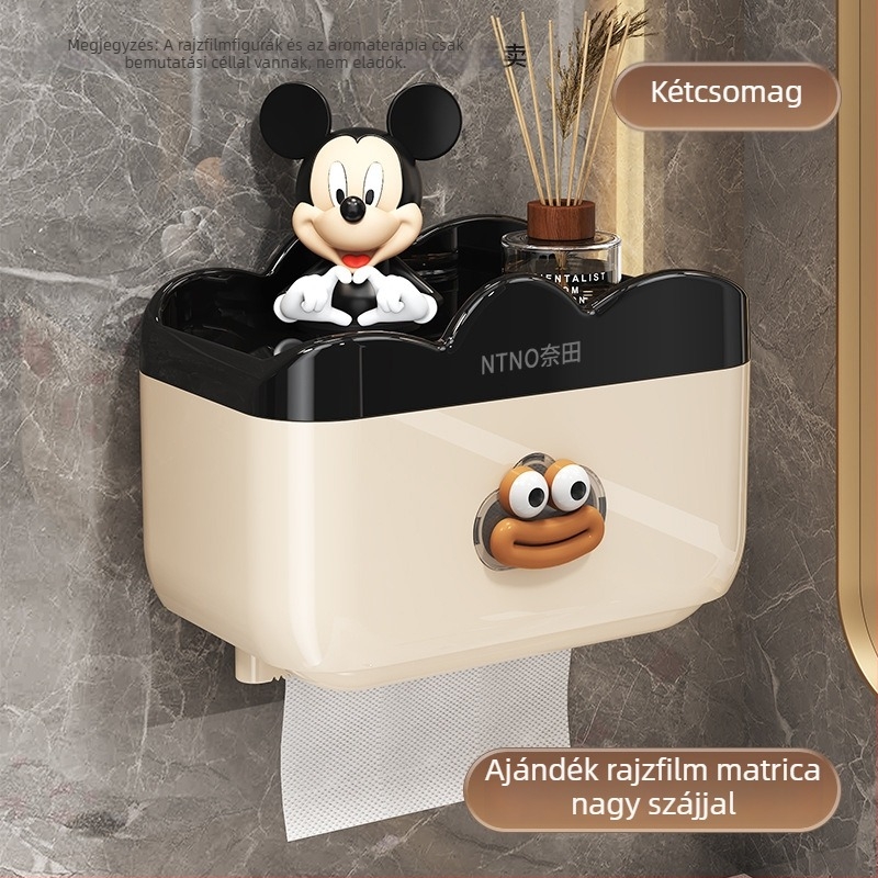 Fali WC-papírtartó és papírzsebkendő tartó, vízálló műanyagból, spray felülettel, rajzfilmszerű stílus