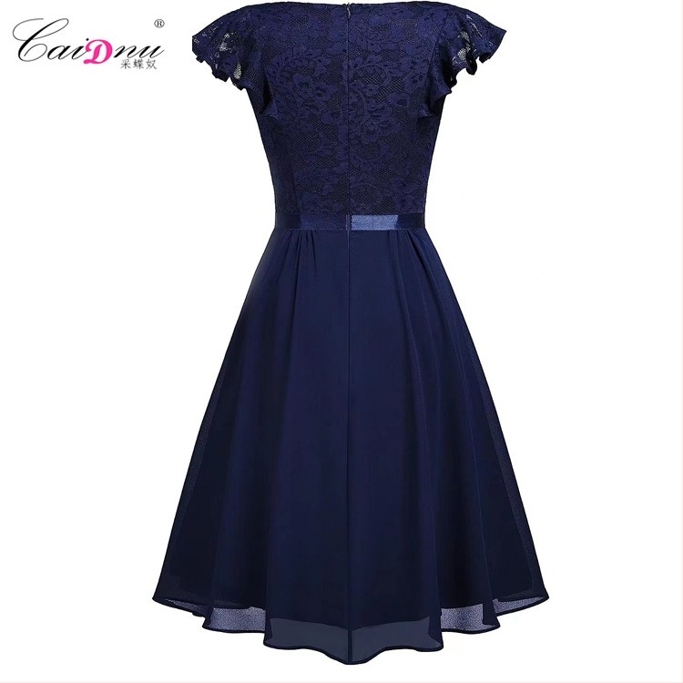 Csipke és sifon midi ruha, A-vonalú, V-nyakú, rövid raglán ujjú, poliészter és spandex