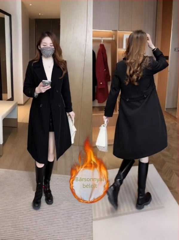 Női kabát fleece béléssel, közepes hosszú, lazább szabású, poliészter, közepes vastagságú, dupla gombolás