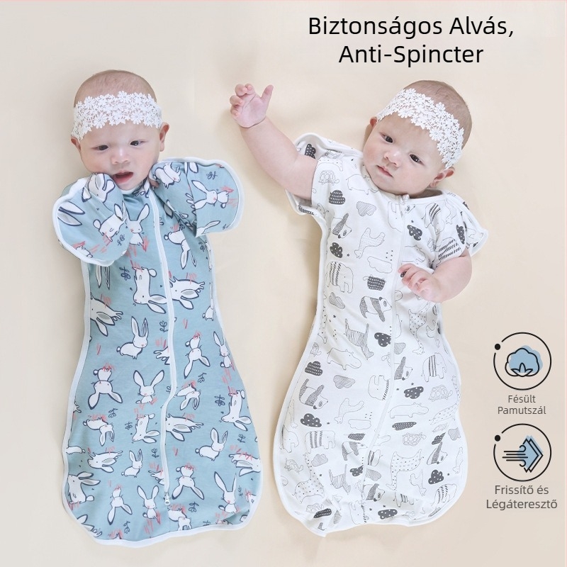 Csecsemő cocoon-stílusú alvózsák; tiszta pamut (95%+); 0–1 éves korosztály; egész éves használat; mosható