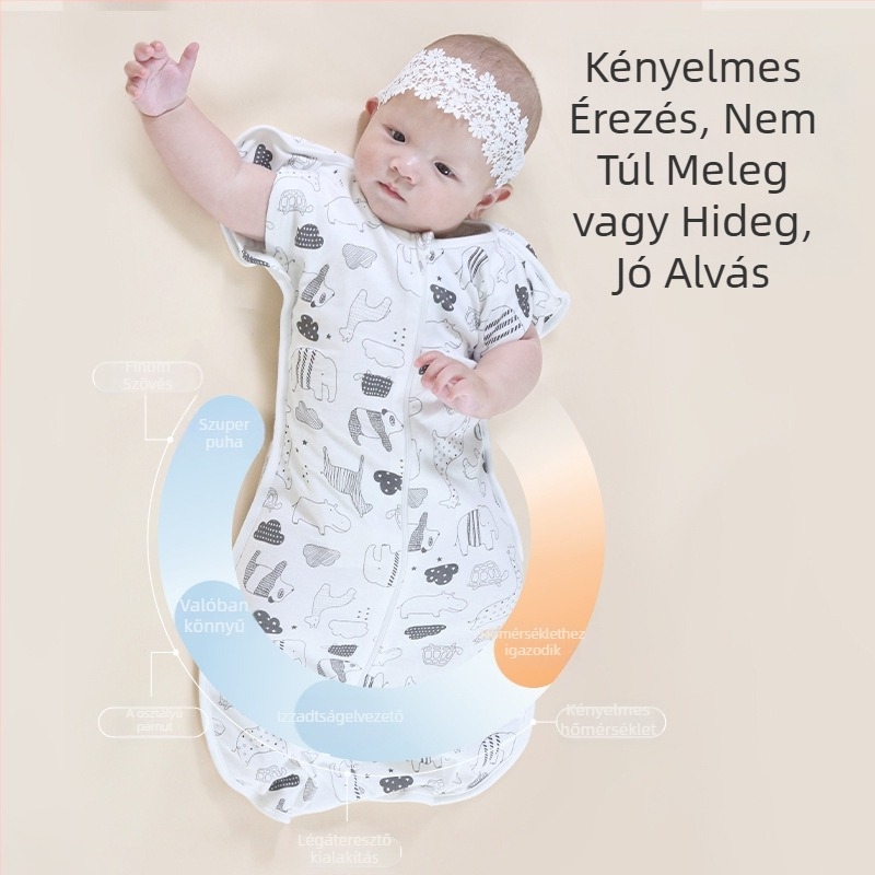 Csecsemő cocoon-stílusú alvózsák; tiszta pamut (95%+); 0–1 éves korosztály; egész éves használat; mosható