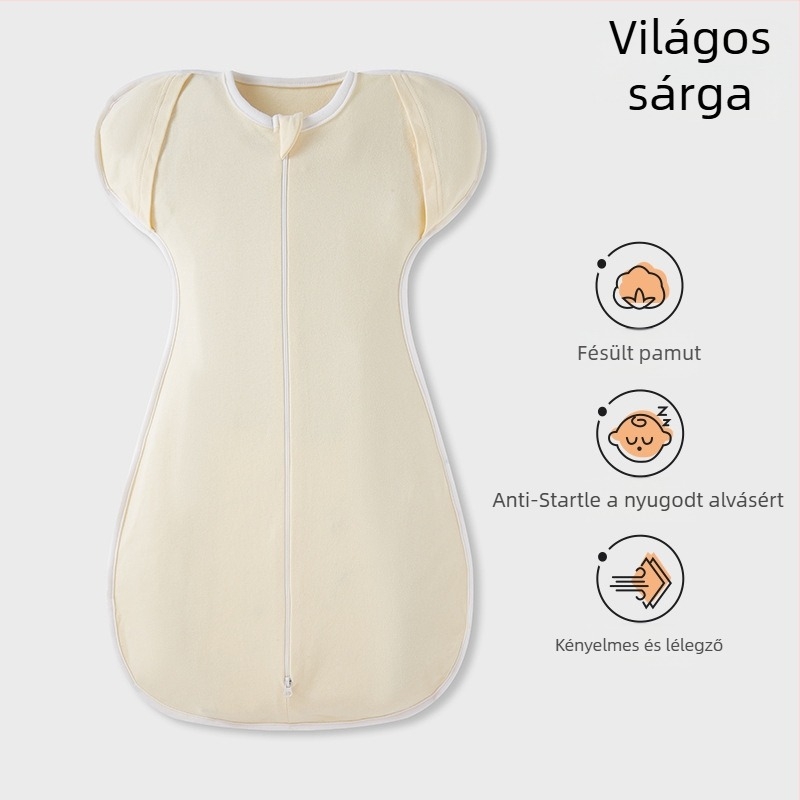 Csecsemő cocoon-stílusú alvózsák; tiszta pamut (95%+); 0–1 éves korosztály; egész éves használat; mosható