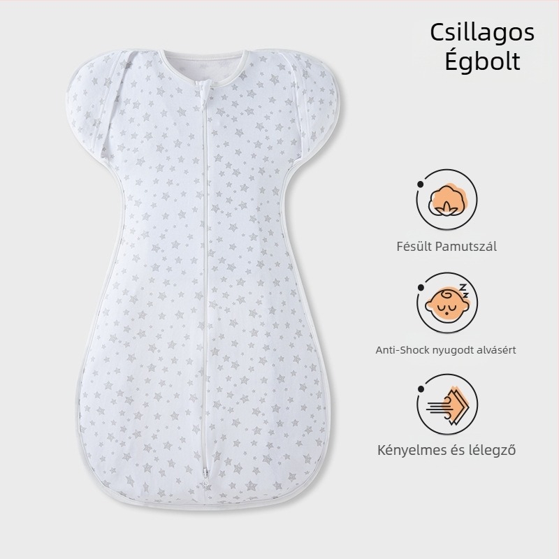 Csecsemő cocoon-stílusú alvózsák; tiszta pamut (95%+); 0–1 éves korosztály; egész éves használat; mosható