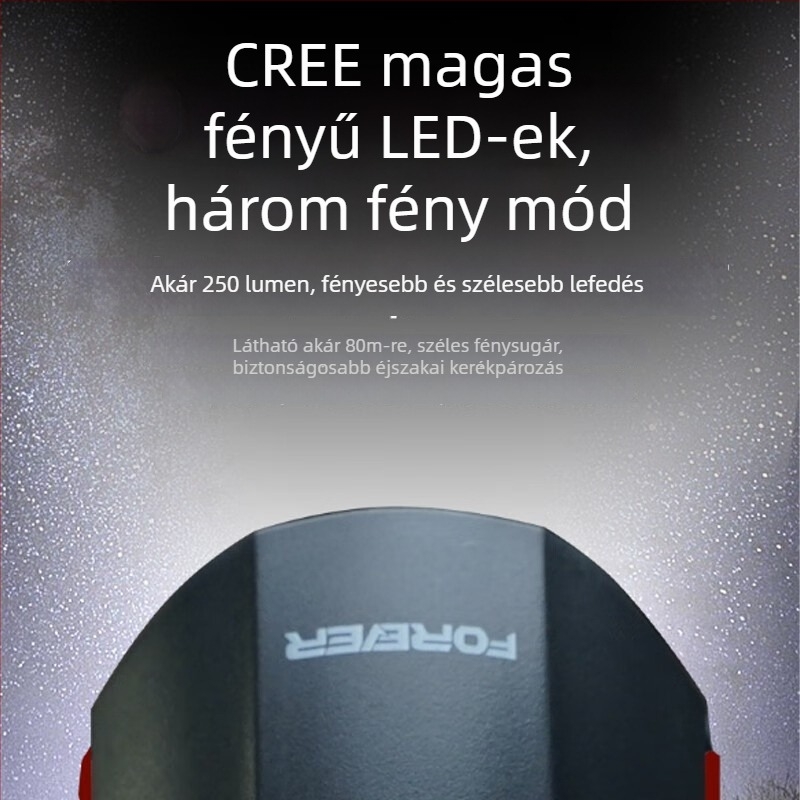 Forever első fény MTB-hez USB-C töltés, éjszakai tekeréshez, rögzítés csattal, modell 2255