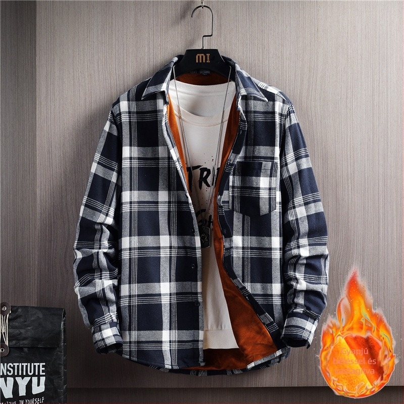 Férfi téli kockás ing galléros reverrel, hosszú ujjú, fleece béléssel, meleg, mindennapi viselet