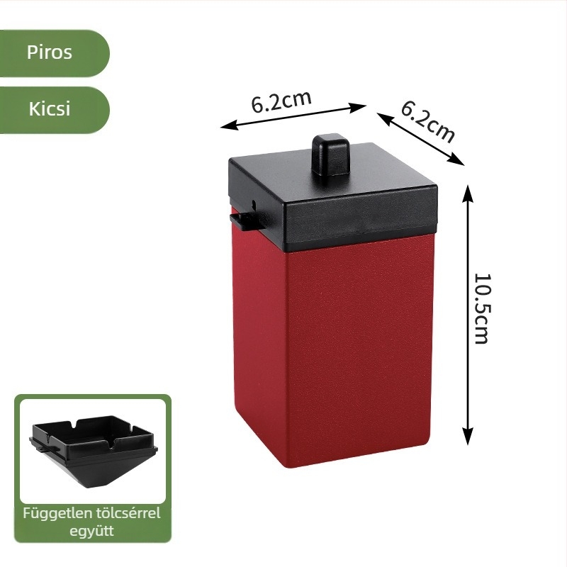 Rozsdamentes acélból készült autó hamutartó, fedéllel, dupla rétegű, szélálló, nano bevonatú felülettel; tartozék: tölcsér és fedél