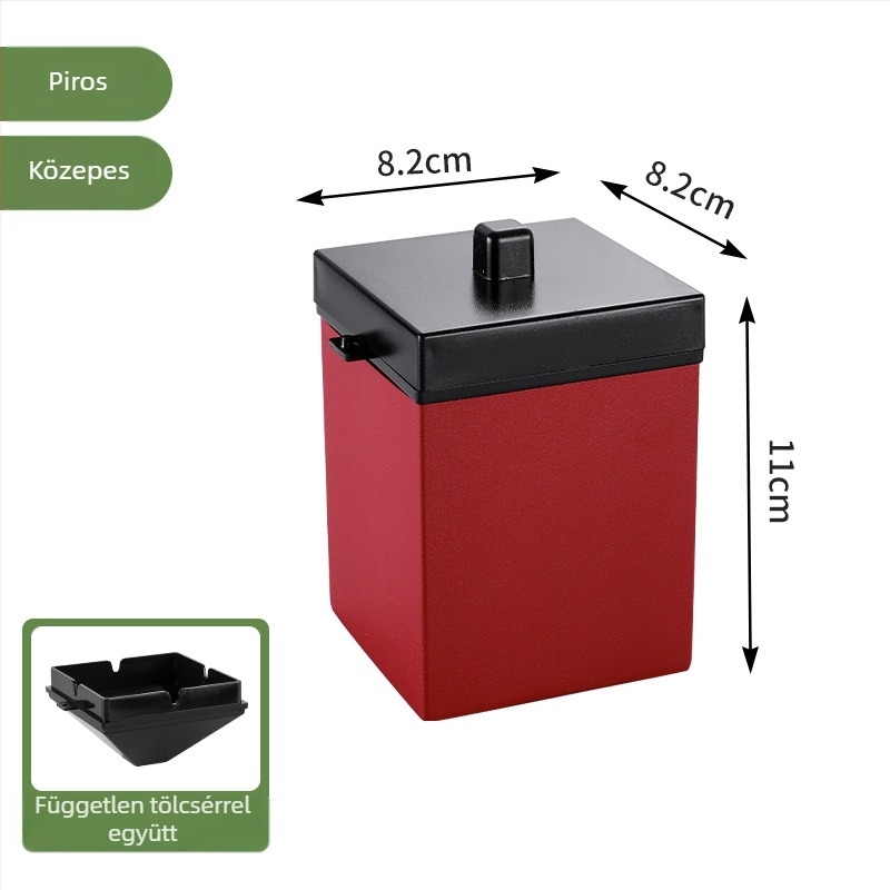 Rozsdamentes acélból készült autó hamutartó, fedéllel, dupla rétegű, szélálló, nano bevonatú felülettel; tartozék: tölcsér és fedél