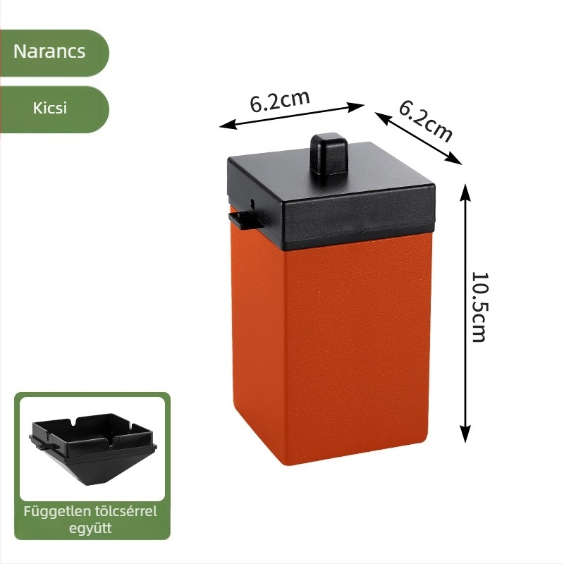 Rozsdamentes acélból készült autó hamutartó, fedéllel, dupla rétegű, szélálló, nano bevonatú felülettel; tartozék: tölcsér és fedél