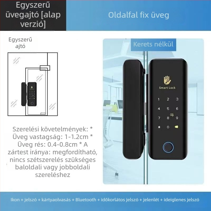 Shengda S1TT Üvegajtós ujjlenyomat-zár – fúrásmentes, egy- vagy kétszárnyú ajtókhoz, Bluetooth irodai távzár, 100 ujjlenyomat tárolókapacitás, beolvasási idő <0,08 s, hamis felismerés <0,01, >500000 ciklus, AC tápegység