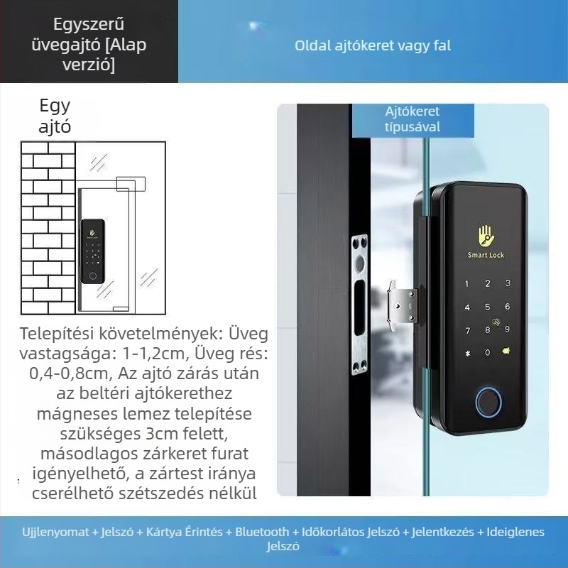 Shengda S1TT Üvegajtós ujjlenyomat-zár – fúrásmentes, egy- vagy kétszárnyú ajtókhoz, Bluetooth irodai távzár, 100 ujjlenyomat tárolókapacitás, beolvasási idő <0,08 s, hamis felismerés <0,01, >500000 ciklus, AC tápegység
