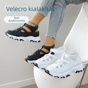 Platformos római szandál, PU felsőrész, kerek orr, középmagas sarok 3-5 cm, platform talp, Velcro-zár