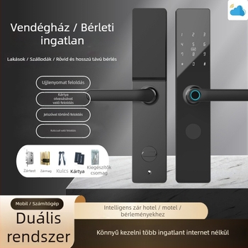Intelligens ajtózár ujjlenyomat, jelszó, kártya és távoli feloldás funkciókkal, Bluetooth alkalmazás útján (fingerprint: 100; unlocks: >1000; scan: <0.5s; FA: <0.1%; FR: <0.1%)