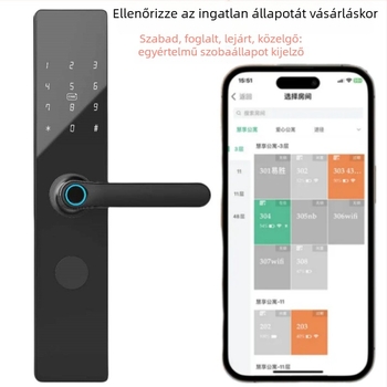 Intelligens ajtózár ujjlenyomat, jelszó, kártya és távoli feloldás funkciókkal, Bluetooth alkalmazás útján (fingerprint: 100; unlocks: >1000; scan: <0.5s; FA: <0.1%; FR: <0.1%)
