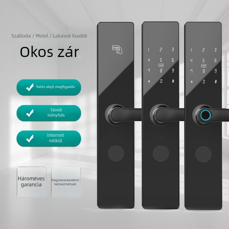 Intelligens ajtózár ujjlenyomat, jelszó, kártya és távoli feloldás funkciókkal, Bluetooth alkalmazás útján (fingerprint: 100; unlocks: >1000; scan: <0.5s; FA: <0.1%; FR: <0.1%)