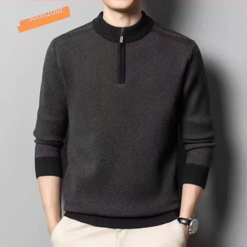 Férfi kötött vastag pulóver álló gallérral és cipzárral, gyapjúkeverékből