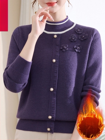 Fleece-béléssel ellátott kötött pulóver felső, félmagas gallér, hosszú, ujjú, laza szabás, normál hossz